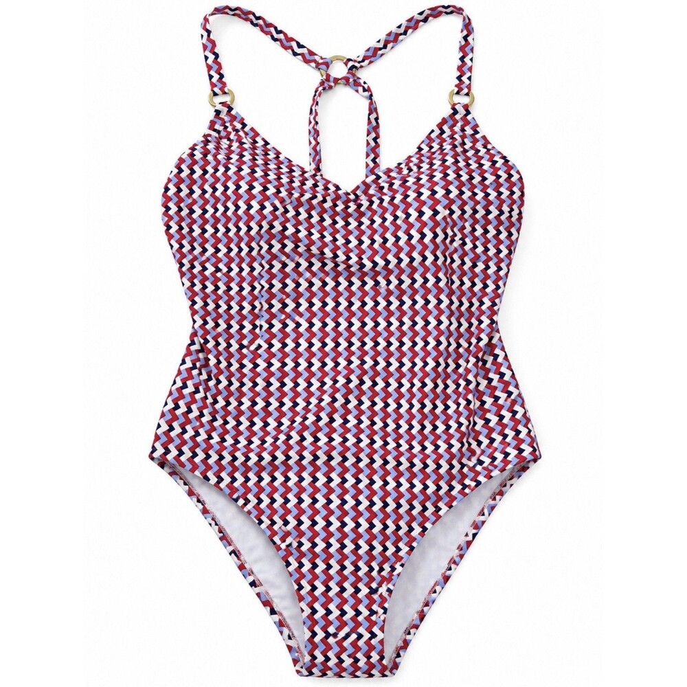 Kona Sol Women’s Size 18 One Piece Swimsuit Red White Blue Chevron Gold Hardware